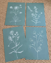 Load image into Gallery viewer, 12” x 18” line drawing botanicals on deep teal, a set of 4